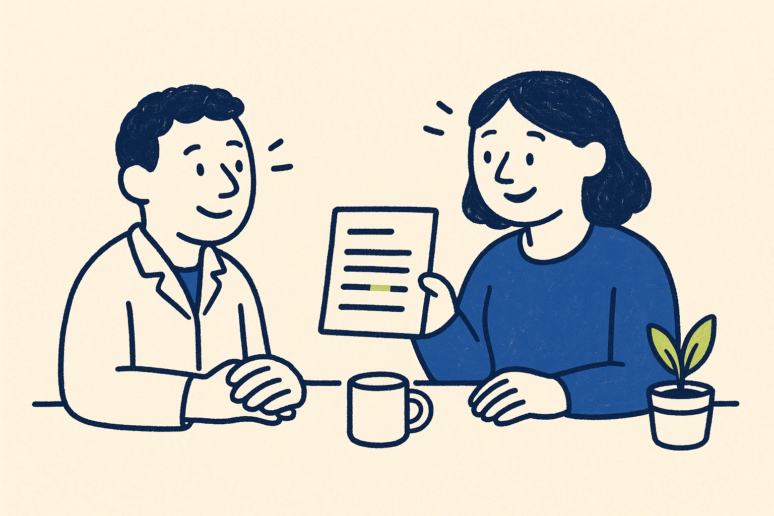 Illustration of a genetic counsellor explaining a polygenic risk score result to a patient