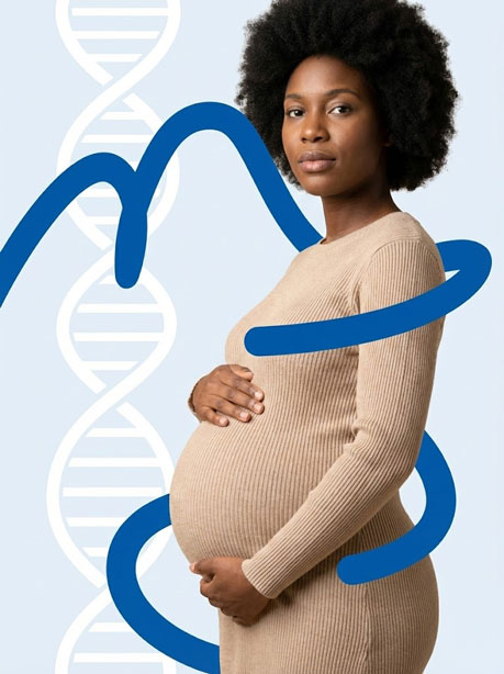 Pregnant person holding their belly with DNA illustration, representing NIPT in London and early prenatal genetic screening