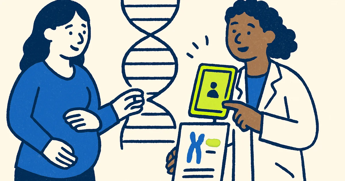 Pregnant woman reviewing screening test results with midwife